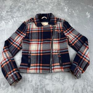 Hollister Womens Jacket Size M Vintage Y2K Wool Blend Plaid Moto Style Zip Up